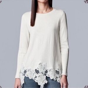 Simply Vera Vera Wang Crew Neck Long Sleeve Lace Hem Lightweight Sweater